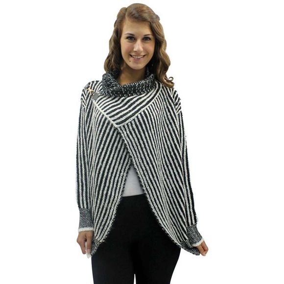 Striped Black & White Draped Cardigan Sweater - Picture 3 of 4